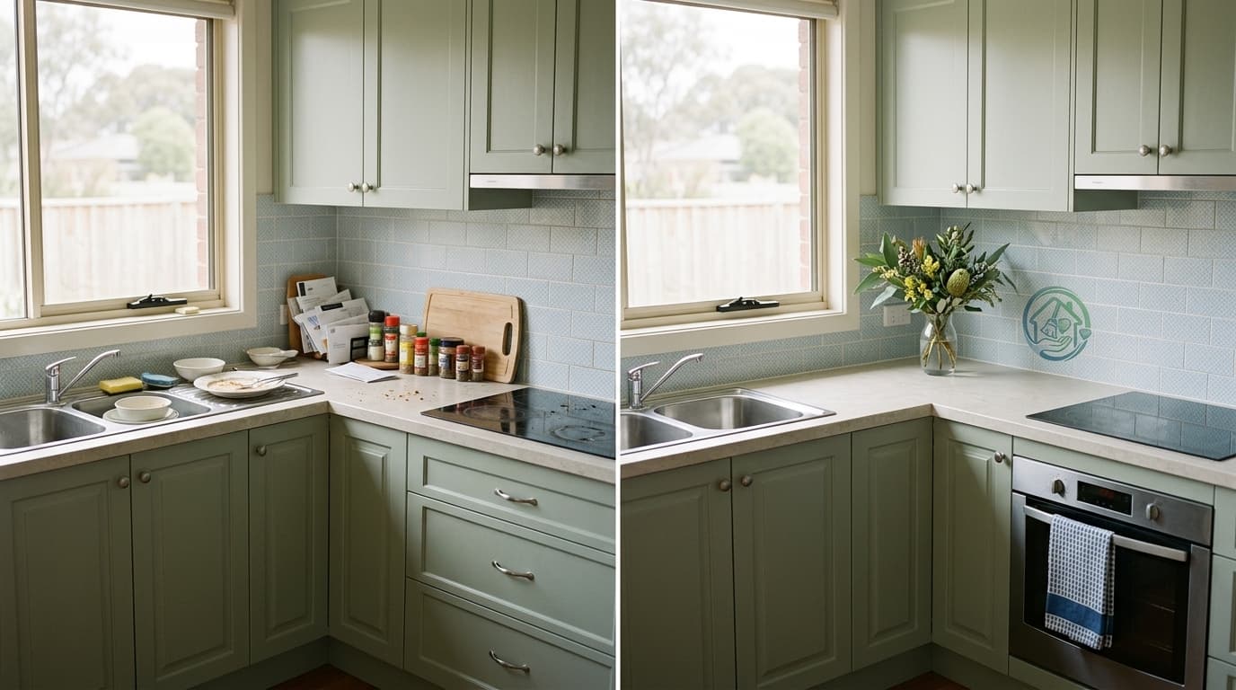 Illustration: a kitchen before and after a deep clean