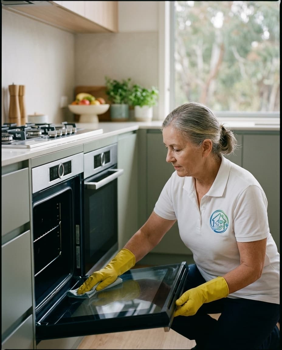 A TidyKin cleaner in yellow gloves cleaning the glass of an oven door
