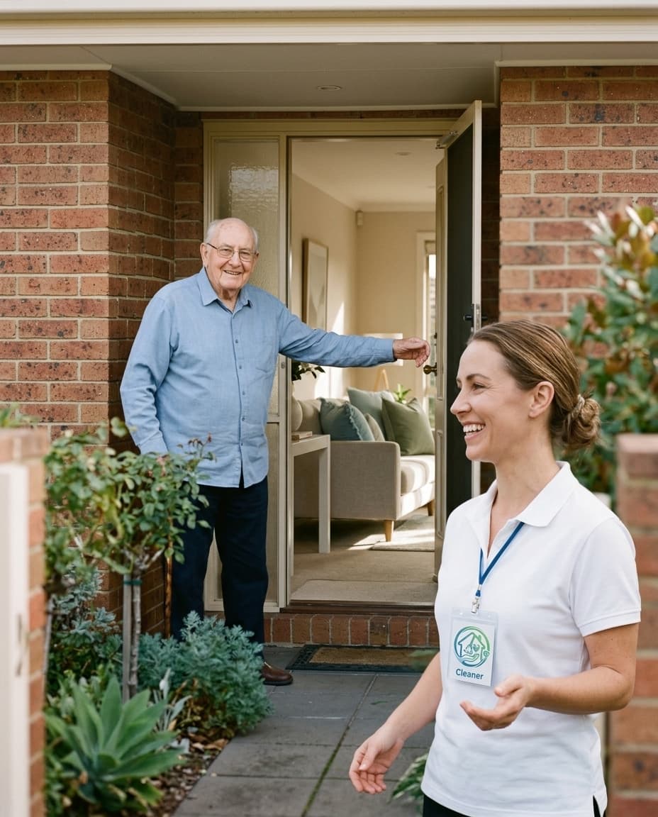 A TidyKin cleaner with a name badge greeting an older man at his front door
