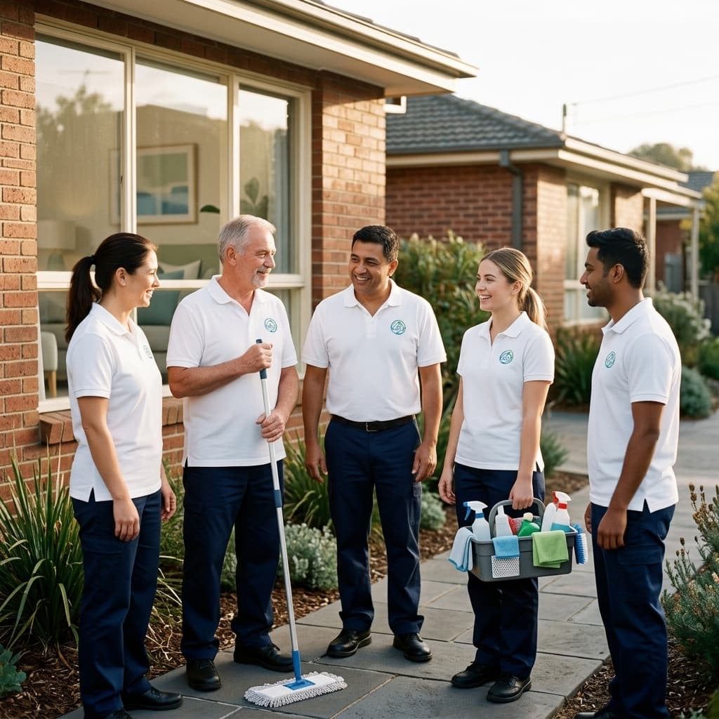 Illustration of a friendly team of cleaners in TidyKin uniforms